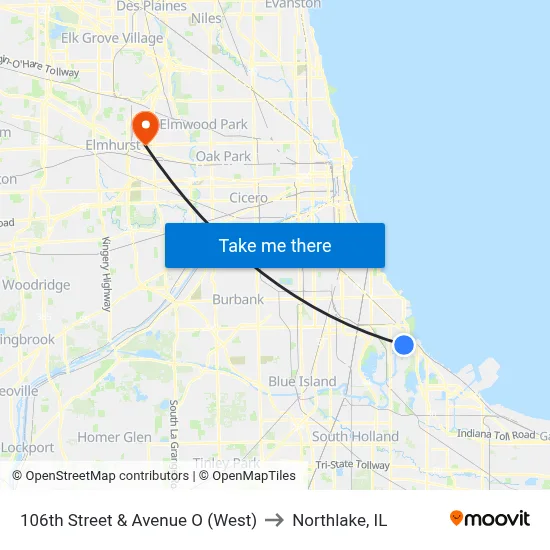 106th Street & Avenue O (West) to Northlake, IL map