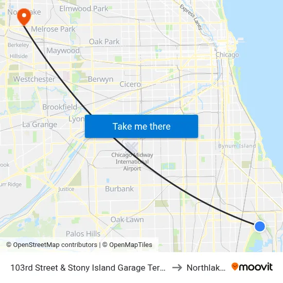 103rd Street & Stony Island Garage Terminal (Se) to Northlake, IL map
