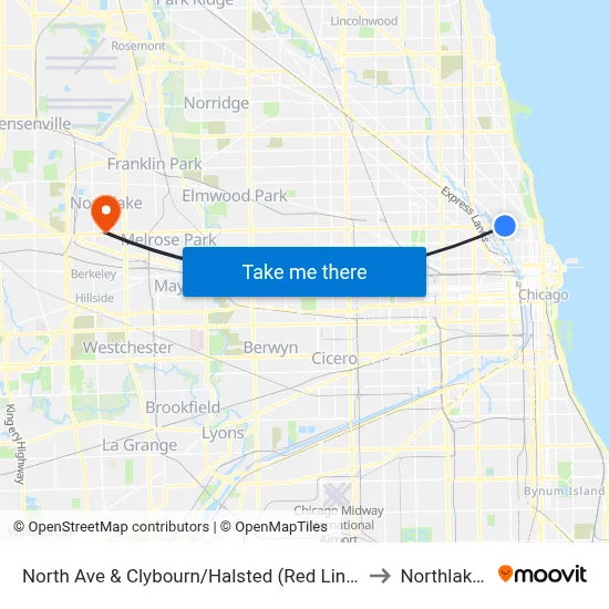 North Ave & Clybourn/Halsted (Red Line) (West) to Northlake, IL map
