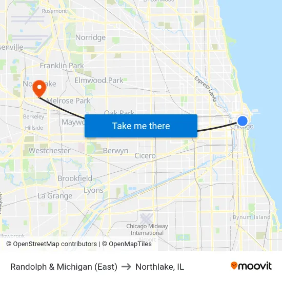 Randolph & Michigan (East) to Northlake, IL map