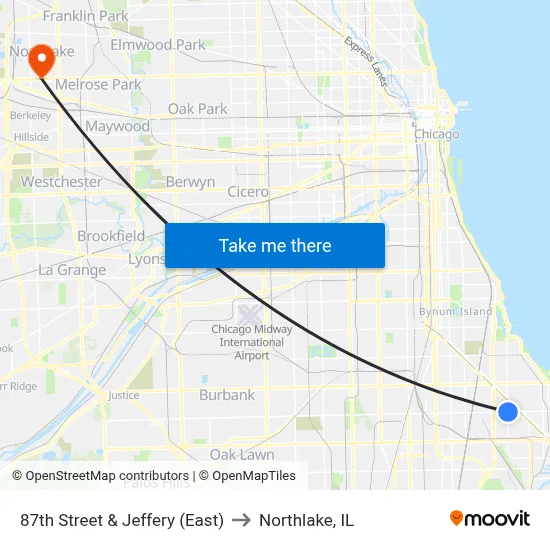 87th Street & Jeffery (East) to Northlake, IL map
