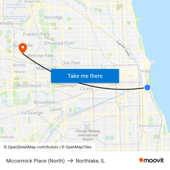 Mccormick Place (North) to Northlake, IL map
