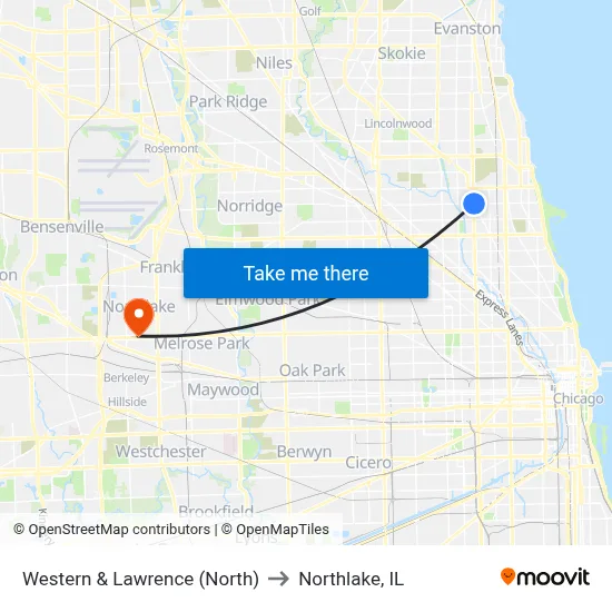 Western & Lawrence (North) to Northlake, IL map