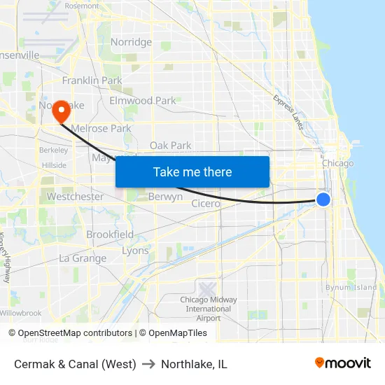 Cermak & Canal (West) to Northlake, IL map