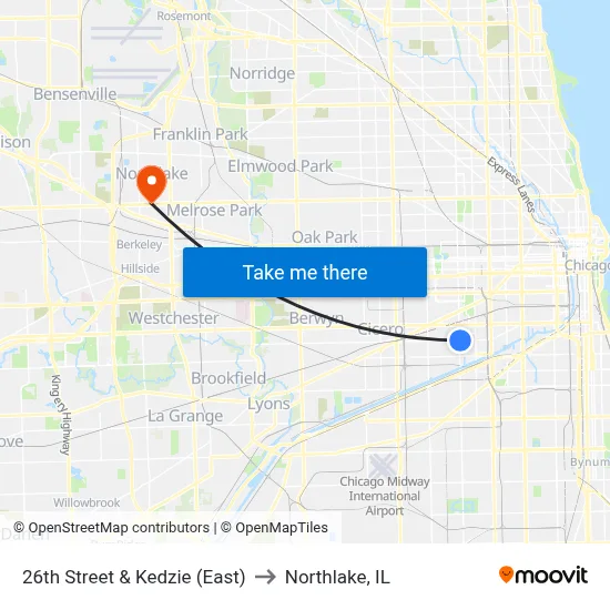 26th Street & Kedzie (East) to Northlake, IL map
