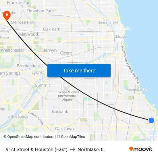 91st Street & Houston (East) to Northlake, IL map