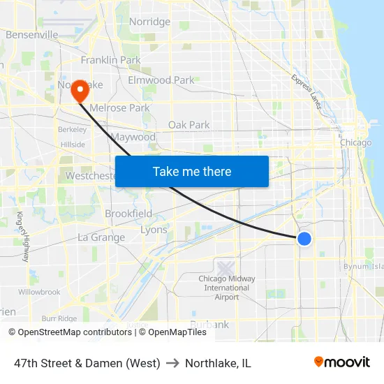 47th Street & Damen (West) to Northlake, IL map