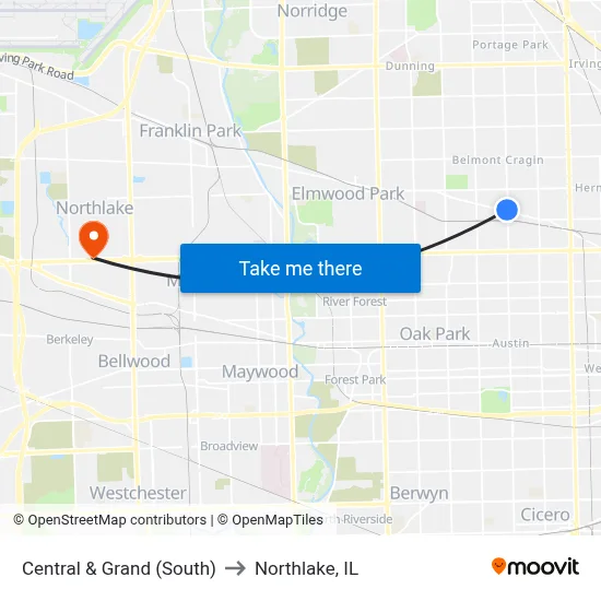 Central & Grand (South) to Northlake, IL map