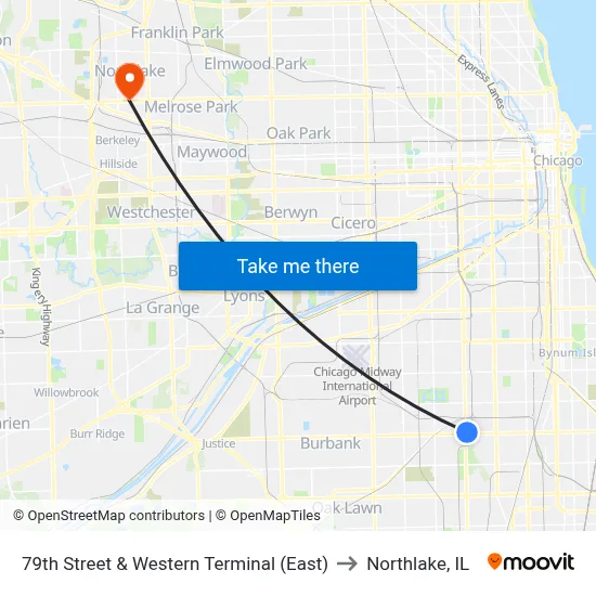 79th Street & Western Terminal (East) to Northlake, IL map