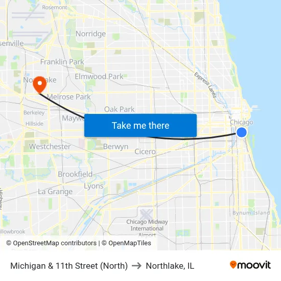 Michigan & 11th Street (North) to Northlake, IL map