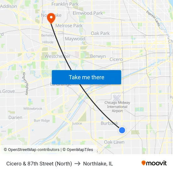 Cicero & 87th Street (North) to Northlake, IL map