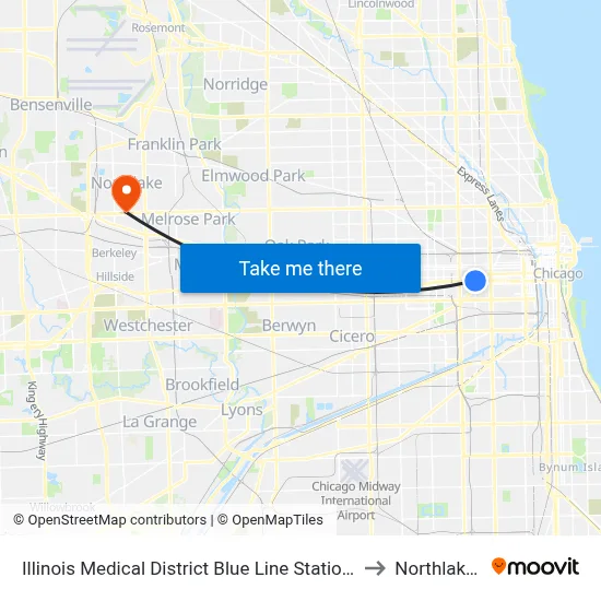 Illinois Medical District Blue Line Station (North) to Northlake, IL map