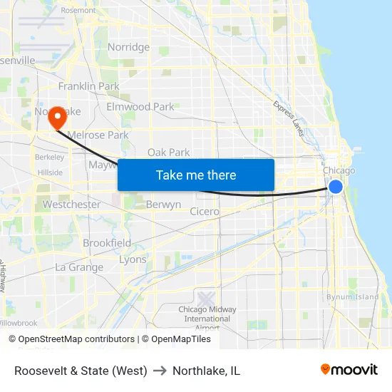 Roosevelt & State (West) to Northlake, IL map