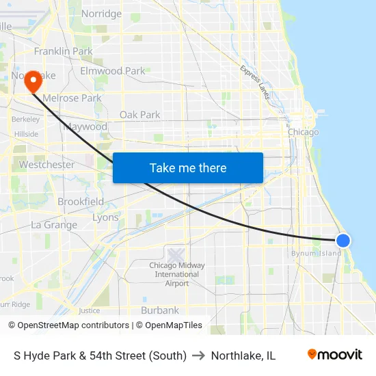 S Hyde Park & 54th Street (South) to Northlake, IL map