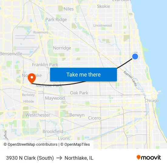 3930 N Clark (South) to Northlake, IL map