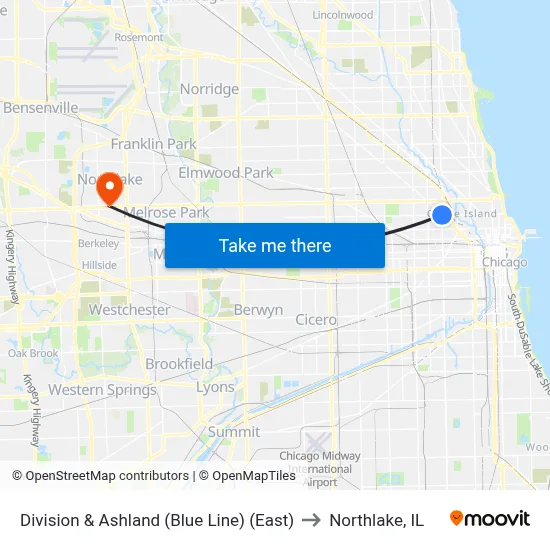 Division & Ashland (Blue Line) (East) to Northlake, IL map