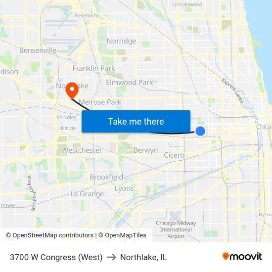 3700 W Congress (West) to Northlake, IL map