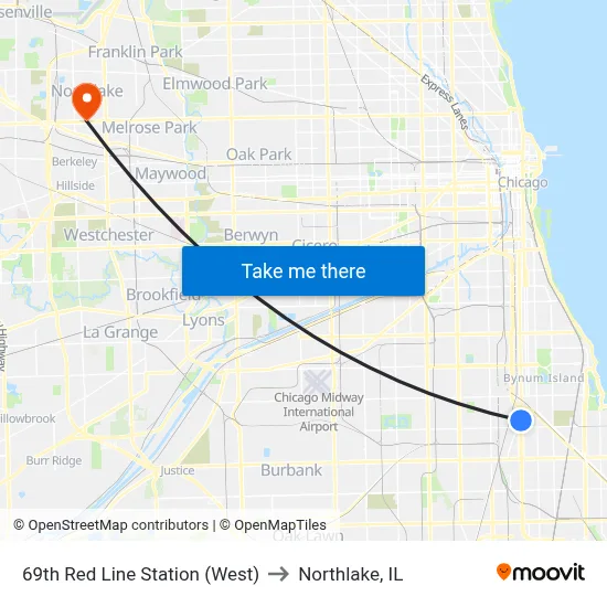 69th Red Line Station (West) to Northlake, IL map
