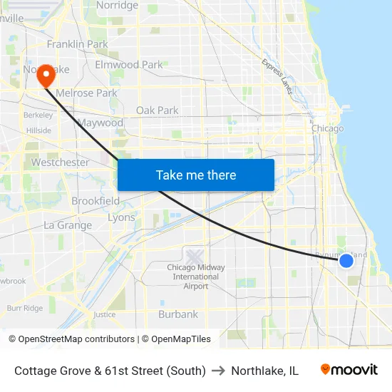 Cottage Grove & 61st Street (South) to Northlake, IL map