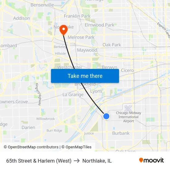 65th Street & Harlem (West) to Northlake, IL map