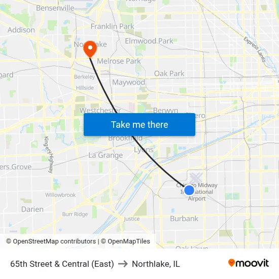 65th Street & Central (East) to Northlake, IL map