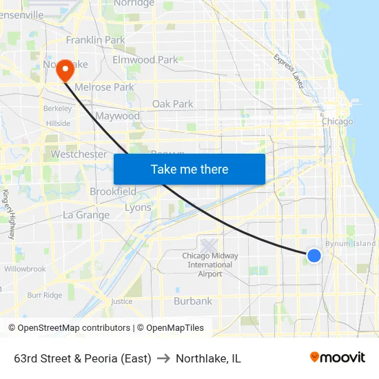 63rd Street & Peoria (East) to Northlake, IL map