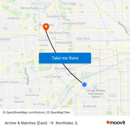 Archer & Natchez (East) to Northlake, IL map