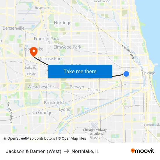 Jackson & Damen (West) to Northlake, IL map