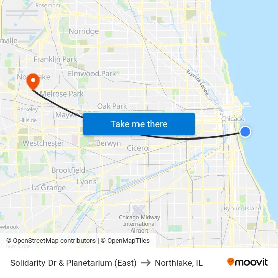 Solidarity Dr & Planetarium (East) to Northlake, IL map