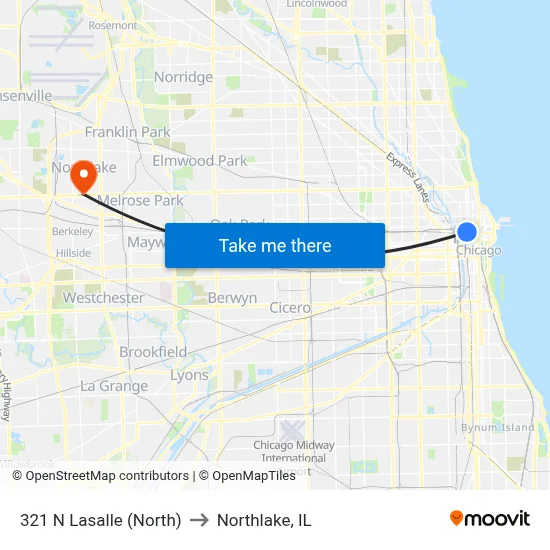321 N Lasalle (North) to Northlake, IL map