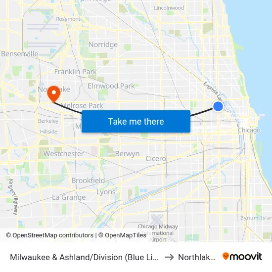 Milwaukee & Ashland/Division (Blue Line) (Nw) to Northlake, IL map