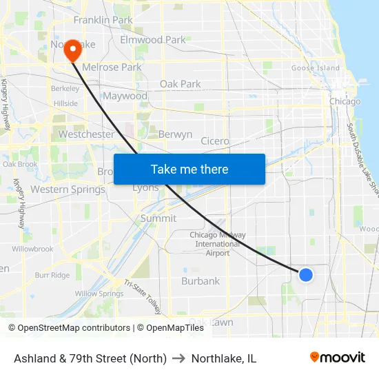 Ashland & 79th Street (North) to Northlake, IL map