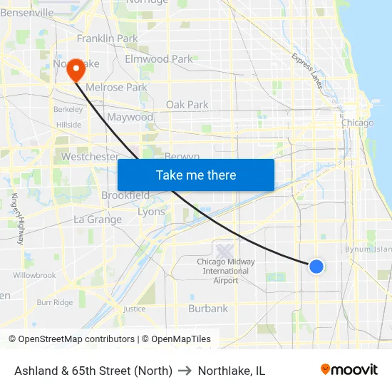 Ashland & 65th Street (North) to Northlake, IL map