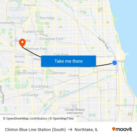 Clinton Blue Line Station (South) to Northlake, IL map