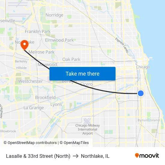 Lasalle & 33rd Street (North) to Northlake, IL map