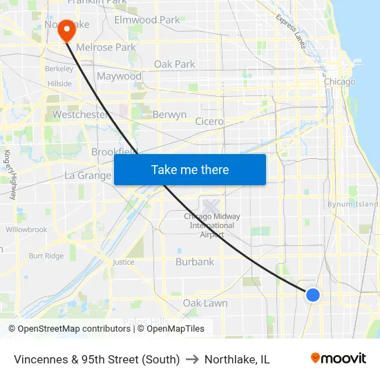 Vincennes & 95th Street (South) to Northlake, IL map