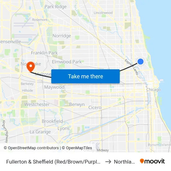 Fullerton & Sheffield (Red/Brown/Purple Line) (East) to Northlake, IL map