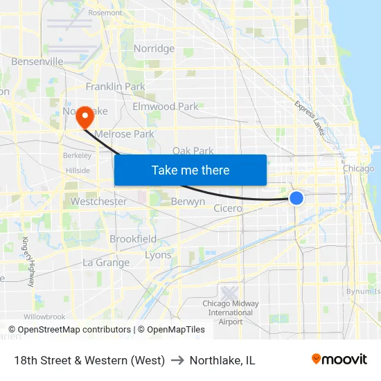 18th Street & Western (West) to Northlake, IL map