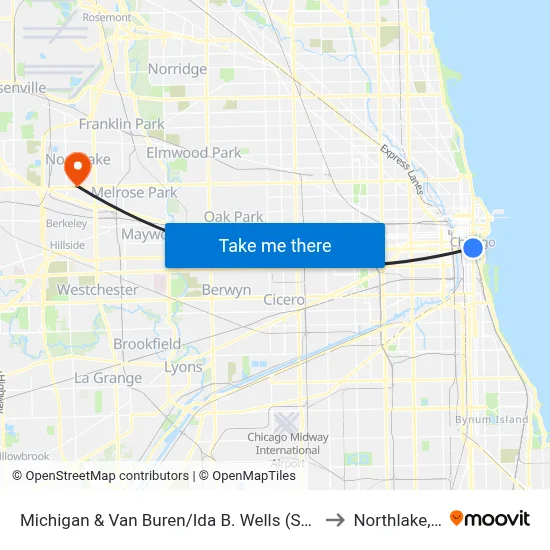 Michigan & Van Buren/Ida B. Wells (South) to Northlake, IL map