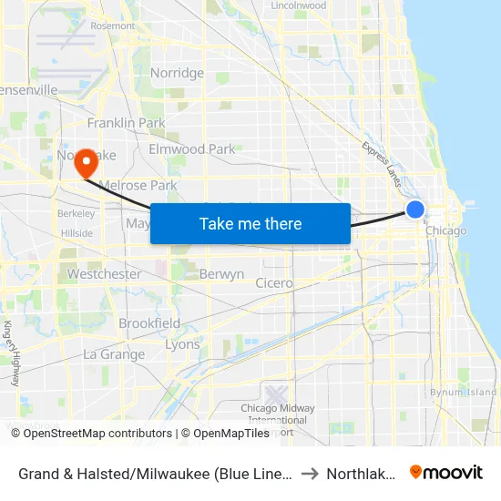 Grand & Halsted/Milwaukee (Blue Line) (East) to Northlake, IL map