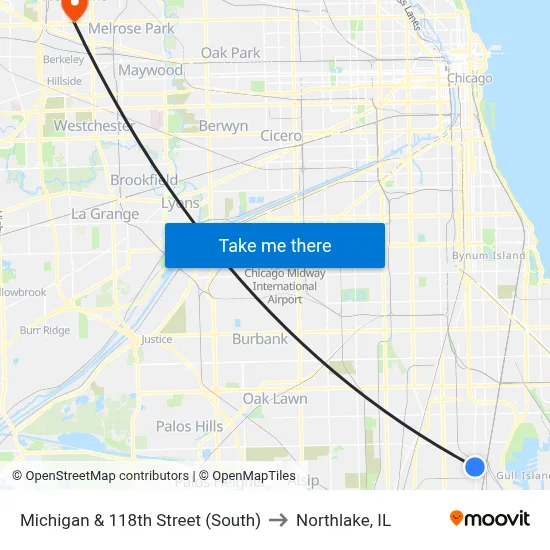 Michigan & 118th Street (South) to Northlake, IL map