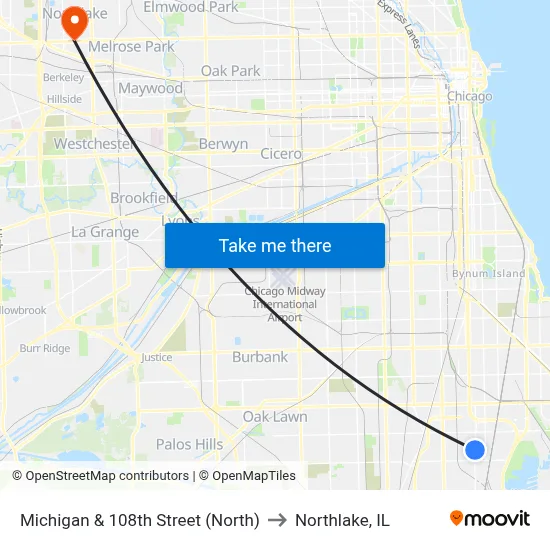 Michigan & 108th Street (North) to Northlake, IL map