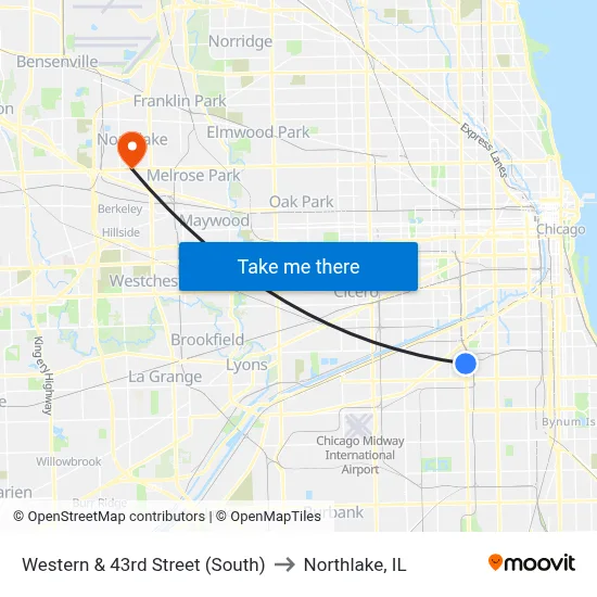 Western & 43rd Street (South) to Northlake, IL map