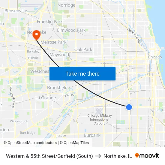 Western & 55th Street/Garfield (South) to Northlake, IL map
