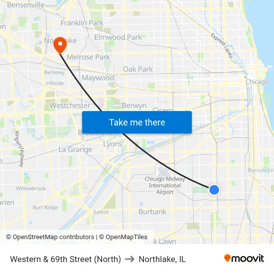 Western & 69th Street (North) to Northlake, IL map