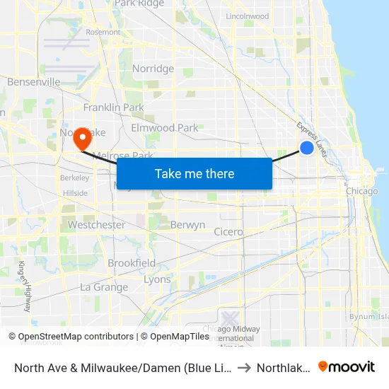 North Ave & Milwaukee/Damen (Blue Line) (East) to Northlake, IL map