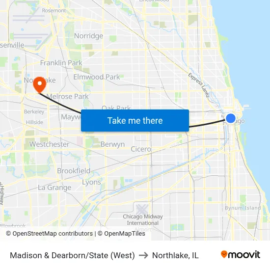 Madison & Dearborn/State (West) to Northlake, IL map