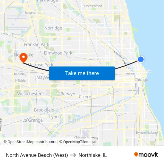 North Avenue Beach (West) to Northlake, IL map