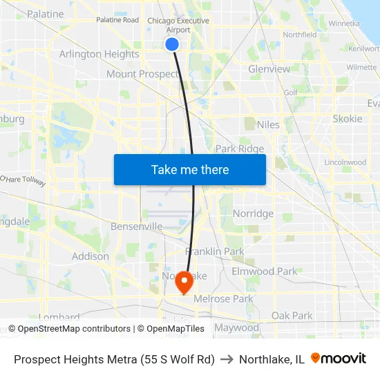 Prospect Heights Metra (55 S Wolf Rd) to Northlake, IL map