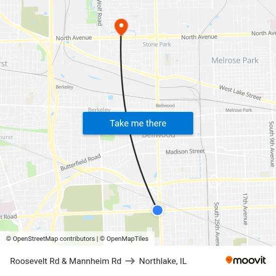 Roosevelt Rd & Mannheim Rd to Northlake, IL map